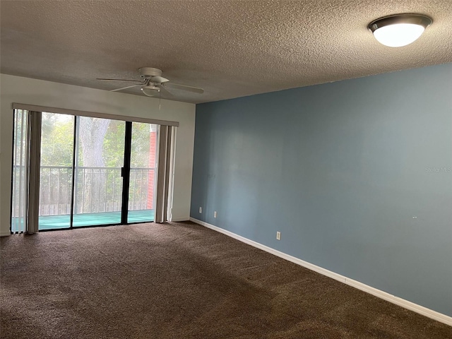 unfurnished room featuring carpet, a textured ceiling, and ceiling fan