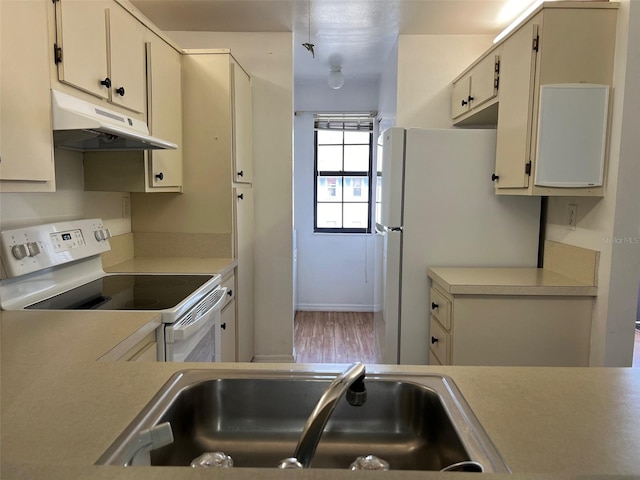 kitchen featuring sink, white appliances, and hardwood / wood-style flooring