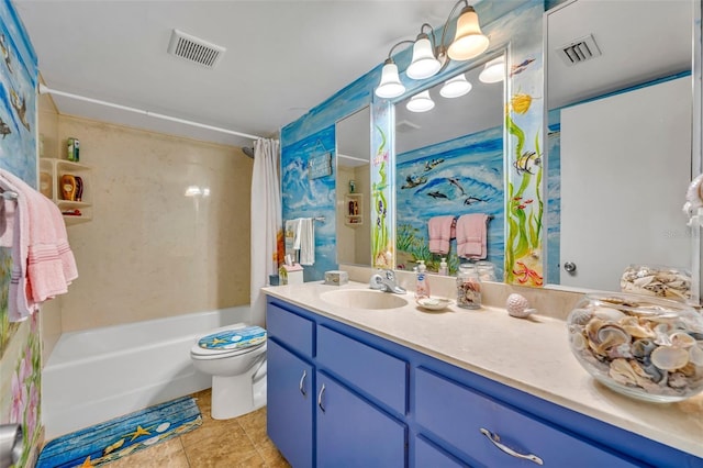 full bathroom with shower / bath combination with curtain, tile patterned floors, toilet, and vanity