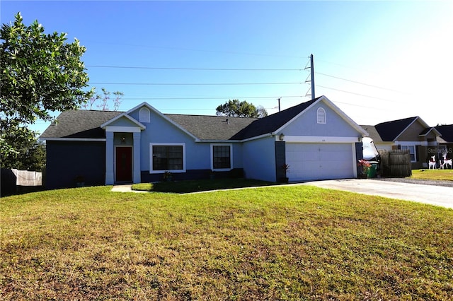 ranch-style home featuring a front lawn and a garage