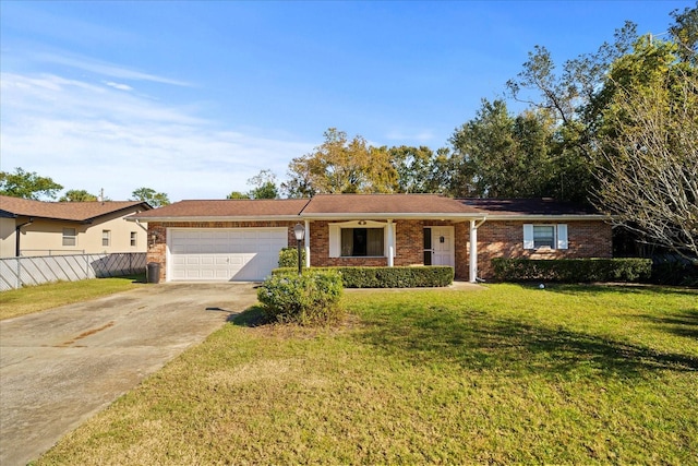 single story home featuring a front yard and a garage