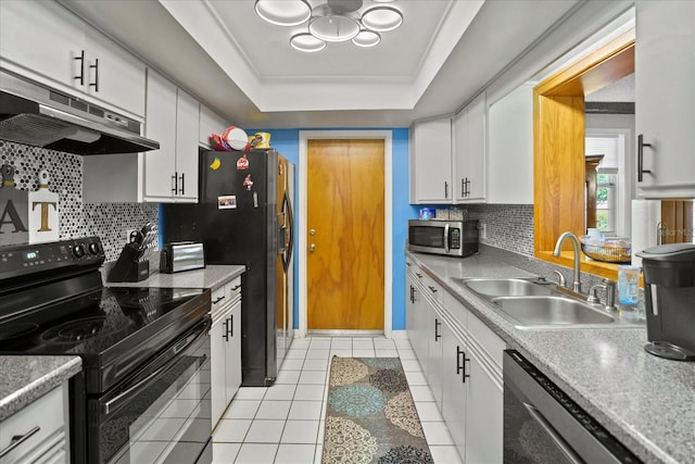 kitchen featuring backsplash, stainless steel appliances, sink, white cabinetry, and light tile patterned flooring