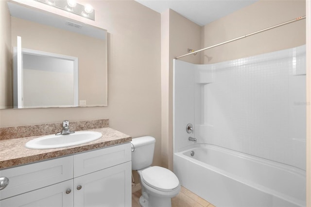 full bathroom featuring shower / bath combination, vanity, tile patterned flooring, and toilet