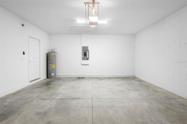 garage with water heater, a garage door opener, and electric panel