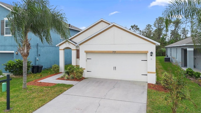 view of front of home featuring central AC and a front yard