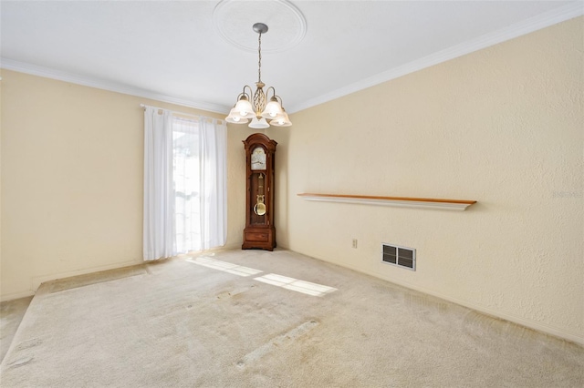 unfurnished room with crown molding, light carpet, and a notable chandelier