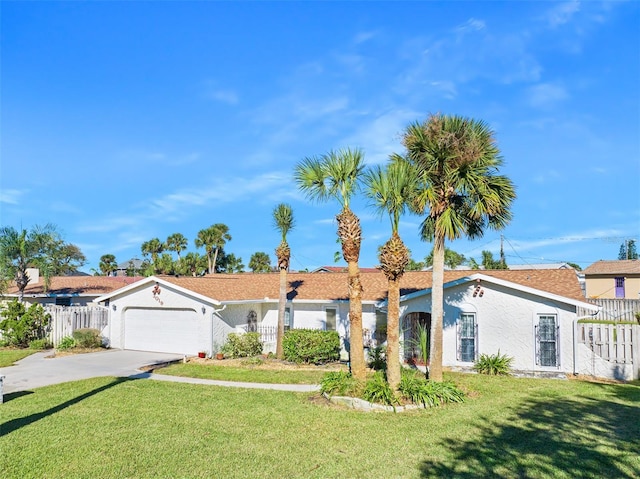 ranch-style house with a garage and a front yard