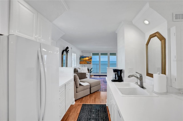 bathroom with wood-type flooring, sink, and ornamental molding