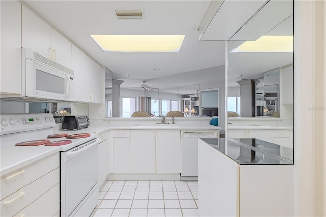 kitchen featuring kitchen peninsula, sink, white cabinets, and white appliances