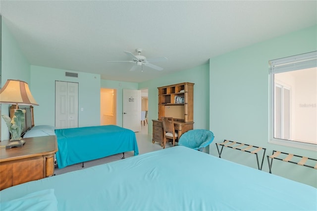 bedroom featuring ceiling fan and a closet