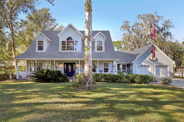 new england style home with a front lawn, covered porch, and a garage