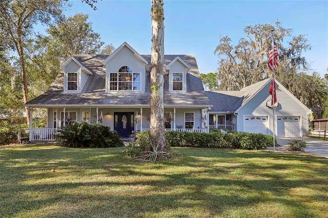 cape cod house with covered porch, a garage, and a front lawn