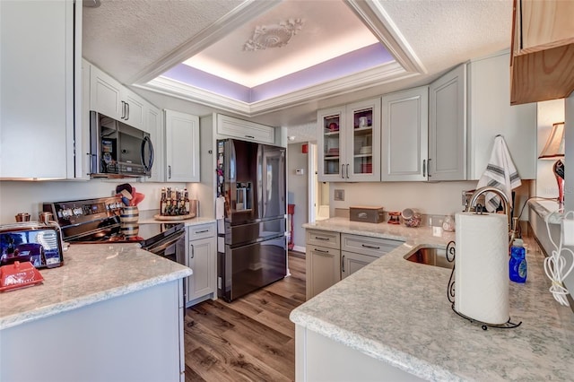 kitchen featuring a textured ceiling, light wood-type flooring, stainless steel appliances, and a tray ceiling