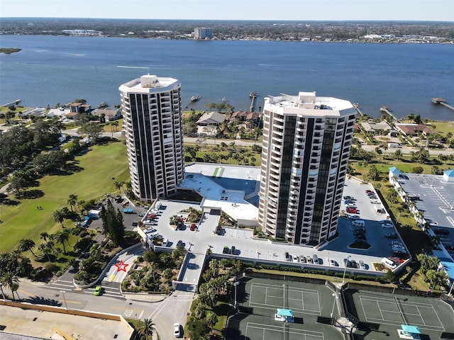 drone / aerial view featuring a water view