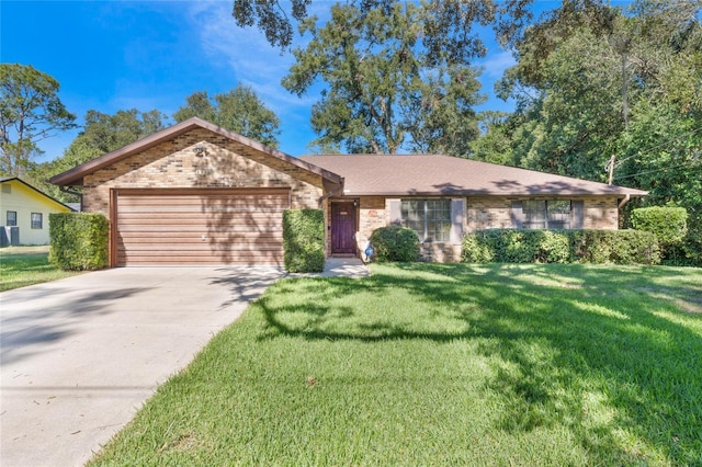 ranch-style house with a garage and a front lawn