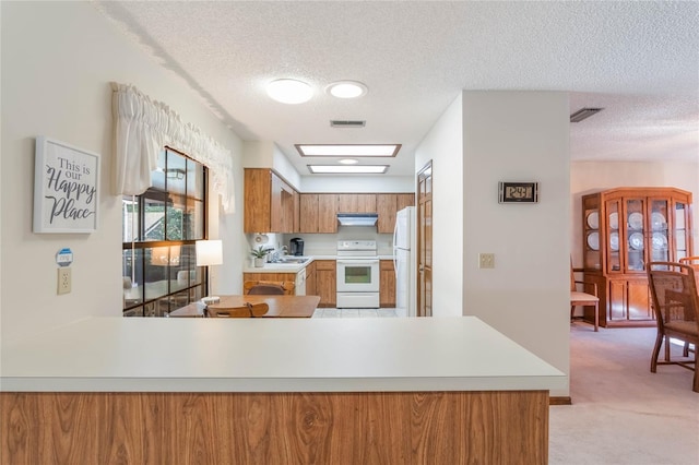 kitchen featuring a textured ceiling, white appliances, kitchen peninsula, and light carpet