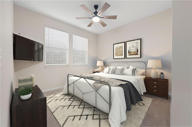 bedroom with ceiling fan and light colored carpet