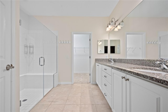 bathroom with tile patterned flooring, vanity, and an enclosed shower