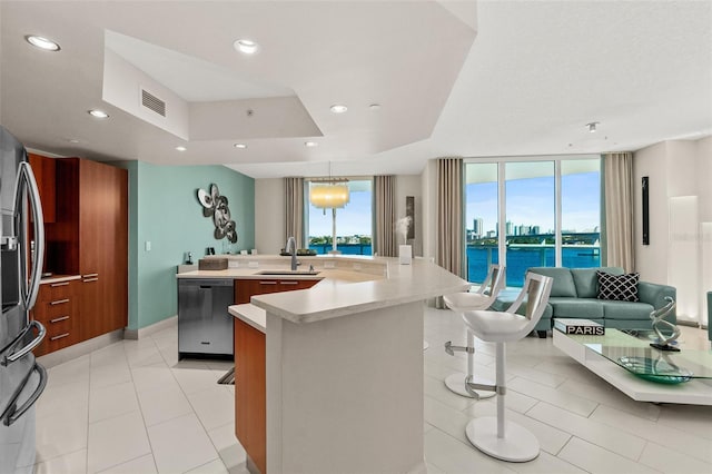 kitchen featuring a water view, sink, an island with sink, a tray ceiling, and stainless steel appliances