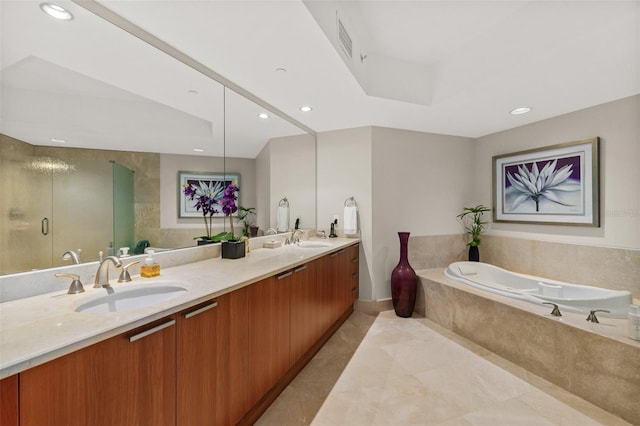 bathroom with separate shower and tub, tile patterned floors, and vanity