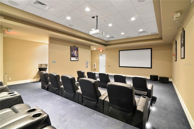 carpeted home theater room featuring a raised ceiling