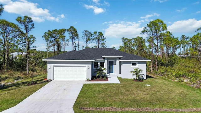 single story home with a front yard and a garage