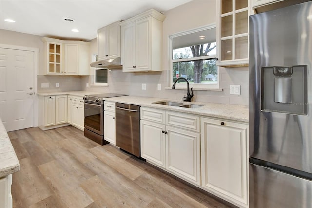 kitchen with light stone counters, light hardwood / wood-style floors, sink, and stainless steel appliances