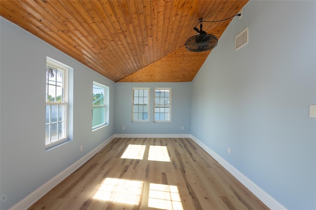 empty room featuring plenty of natural light, wood ceiling, lofted ceiling, and light wood-type flooring