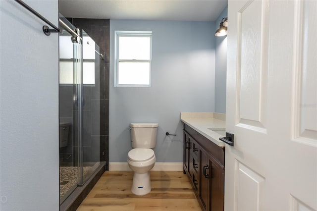 bathroom with vanity, hardwood / wood-style flooring, toilet, and walk in shower