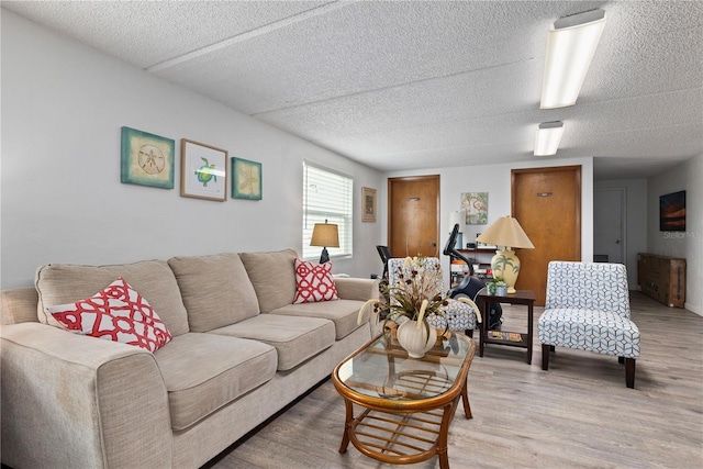 living room featuring a textured ceiling and hardwood / wood-style flooring