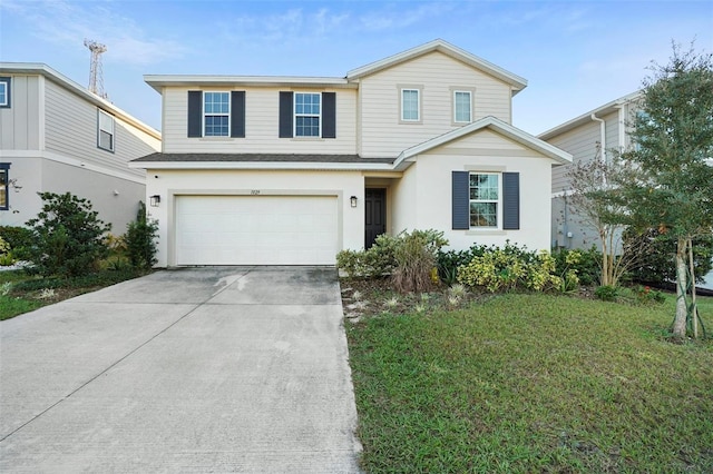 front facade with a front yard and a garage