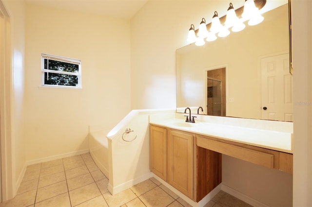 bathroom featuring tile patterned flooring, vanity, and independent shower and bath