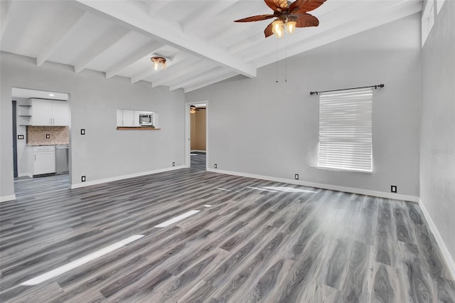 unfurnished living room with vaulted ceiling with beams, ceiling fan, and dark wood-type flooring