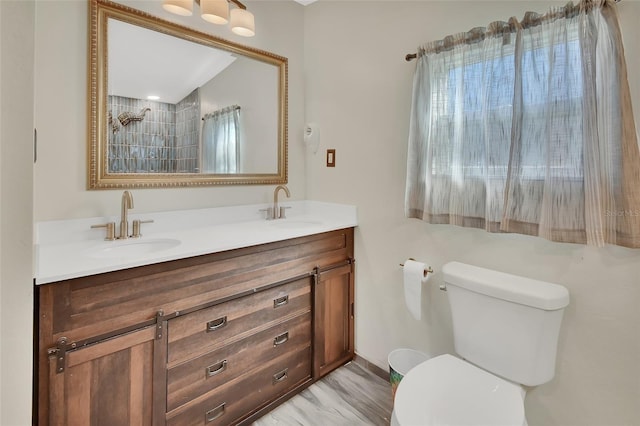 bathroom featuring vanity, wood-type flooring, and toilet