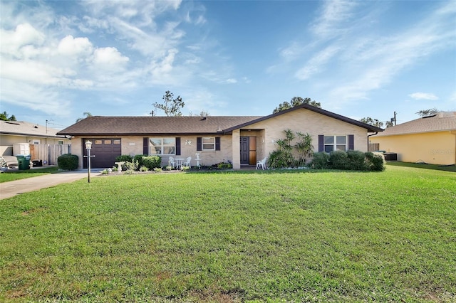 single story home featuring central AC, a garage, and a front lawn