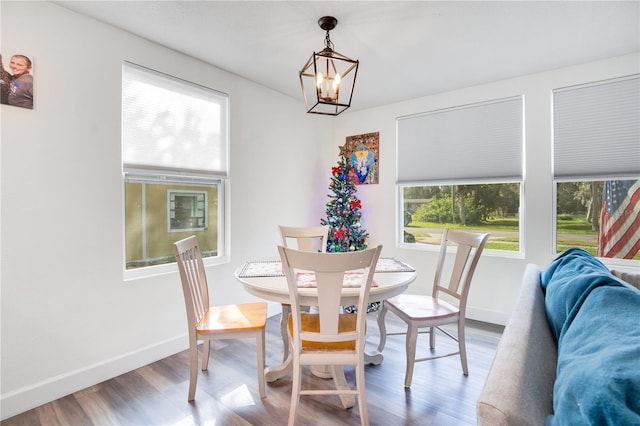 dining space with an inviting chandelier, a healthy amount of sunlight, and wood-type flooring