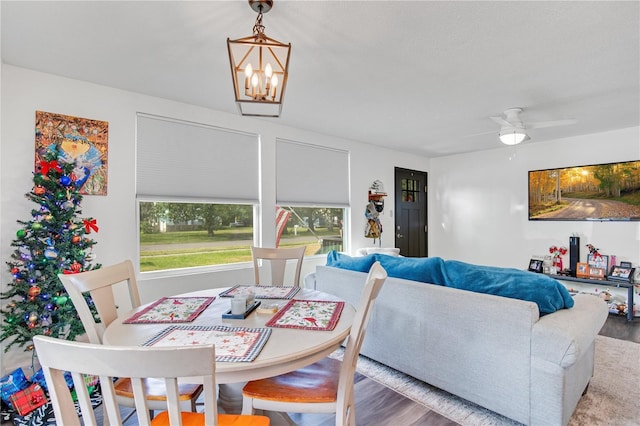 dining space featuring hardwood / wood-style floors and ceiling fan with notable chandelier