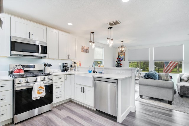 kitchen with decorative light fixtures, stainless steel appliances, and white cabinetry