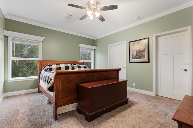 bedroom featuring baseboards, light colored carpet, and visible vents