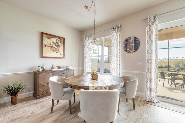 dining space featuring a wealth of natural light and light hardwood / wood-style floors