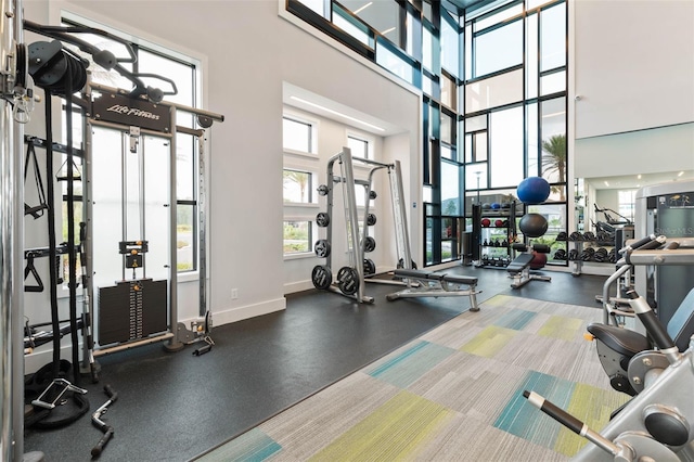 gym featuring a towering ceiling