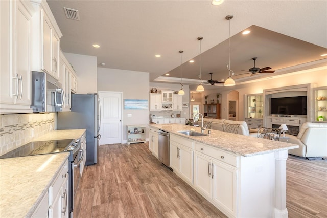 kitchen featuring stainless steel appliances, white cabinetry, a tray ceiling, and sink