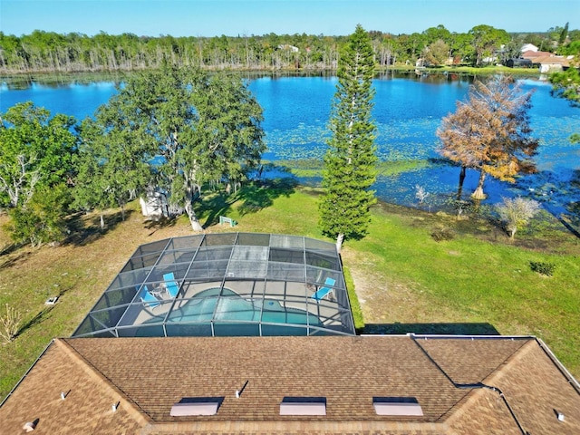 drone / aerial view featuring a water view