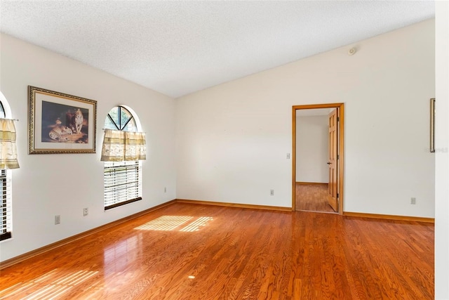 empty room featuring lofted ceiling, wood-type flooring, and a textured ceiling