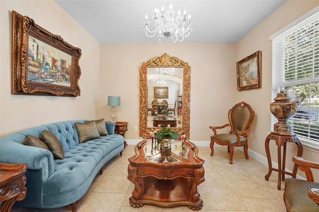 living area with light tile patterned flooring and a chandelier