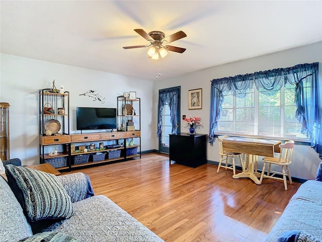 living room with ceiling fan and wood-type flooring