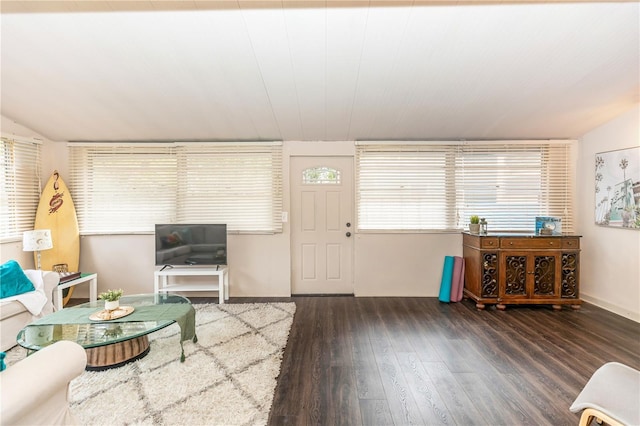 living room featuring lofted ceiling and dark wood-type flooring