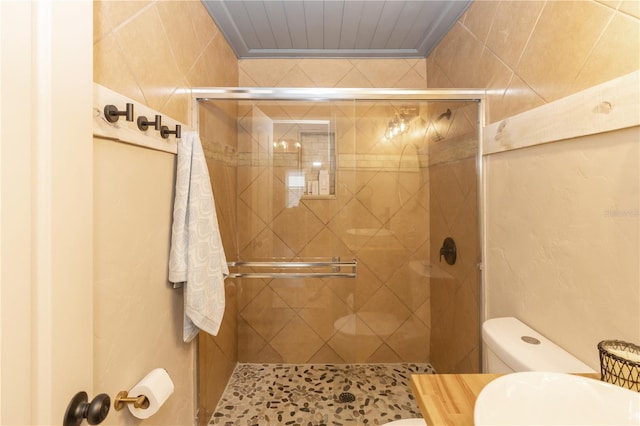 bathroom featuring an enclosed shower, toilet, and sink