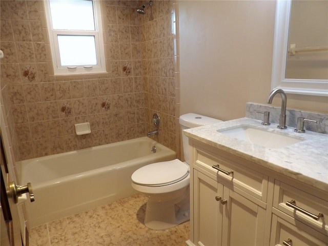 full bath featuring vanity, toilet, and shower / tub combination