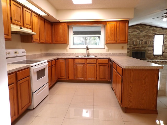 kitchen featuring white electric range oven, brown cabinetry, a peninsula, a sink, and under cabinet range hood